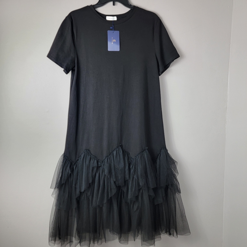 ellazhu Women's Black Casual Short Sleeve Crew Neck Tutu Tulle Dress Oversized.